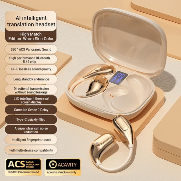COM1950s Real-Time Translation Earbuds,144 Language Support with Noise Cancelling,Dual Mode Wireless Headset for Two-Way Conversations,35H Battery Meeting Assistant