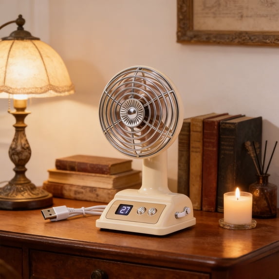 COM1950s Retro Mini Desk Fan, Rechargeable Portable Table Fan with 100 Speeds, Digital Battery Display for Home Office Bedroom