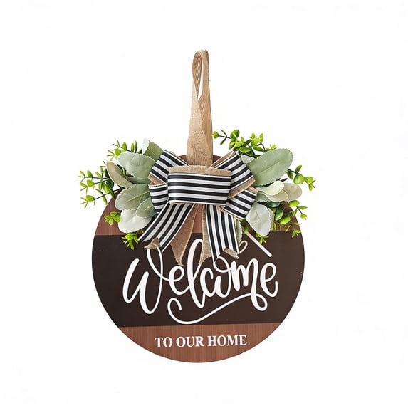 COM1950s Round Bow Welcome Wreath, Wooden Front Door Hanging Decor for Home