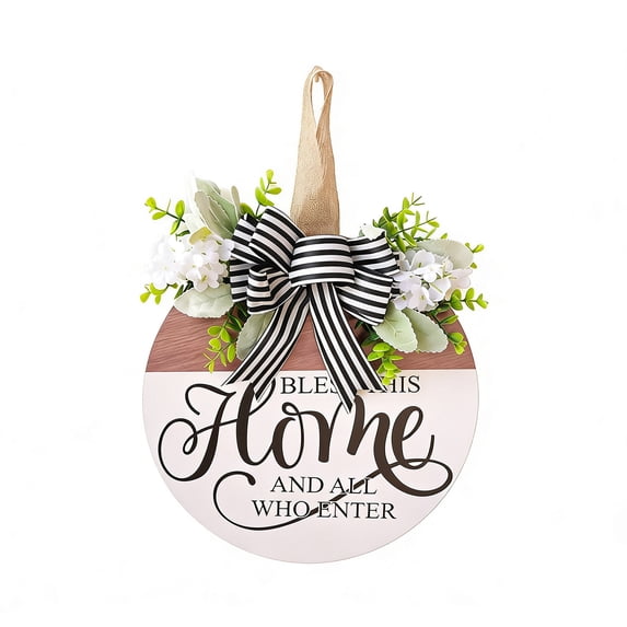 COM1950s Round Bow Welcome Wreath, Wooden Front Door Hanging Decor for Home