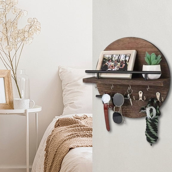 COM1950s Round Wall Mounted Shelf with Hooks,Wooden Entryway Organizer for Keys,Sunglasses and Home Decor,12X12X2 Inches,Natural Wood Storage Rack