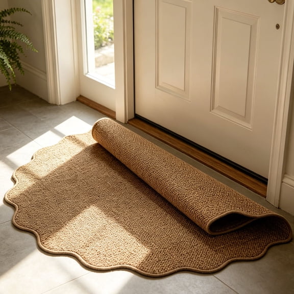 COM1950s Scalloped Entryway Rug, Textured Jute Look Indoor Doormat, Absorbent Woven Floor Mat for Home Entrance and High-Traffic Areas