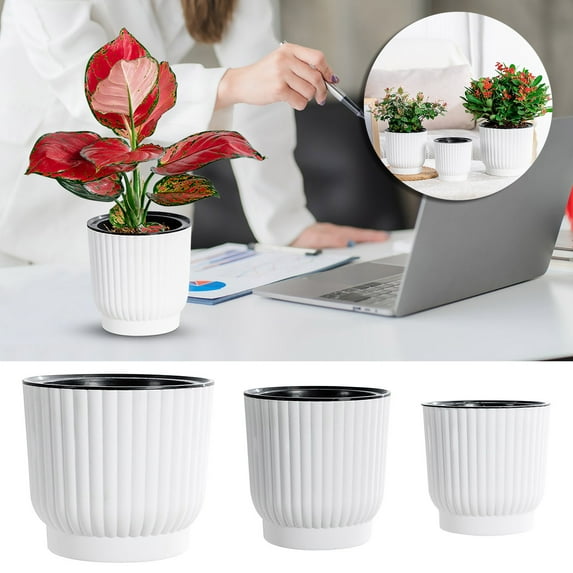COM1950s Self Watering Plant Pot,Resin Planter for Tabletop with Circular Vertical Pattern Design,Automatic Water Absorbing Indoor Flower Pot for Roses Succulents and Small Plants,Easy Clean
