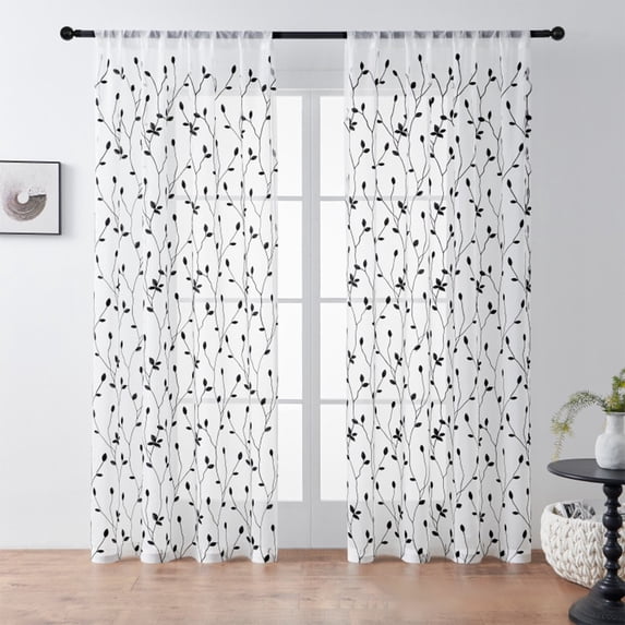 COM1950s Sheer Leaf Embroidered Curtains for Living Room and Bedroom,Translucent Window Curtains with Floral Design,Large Modern Window Treatment for Home Decor