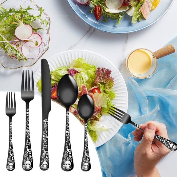 COM1950s Skull Cutlery Set,Gothic Halloween Pattern Stainless Steel Utensils,5-Piece Knife Fork Spoon Dining Set for Adults