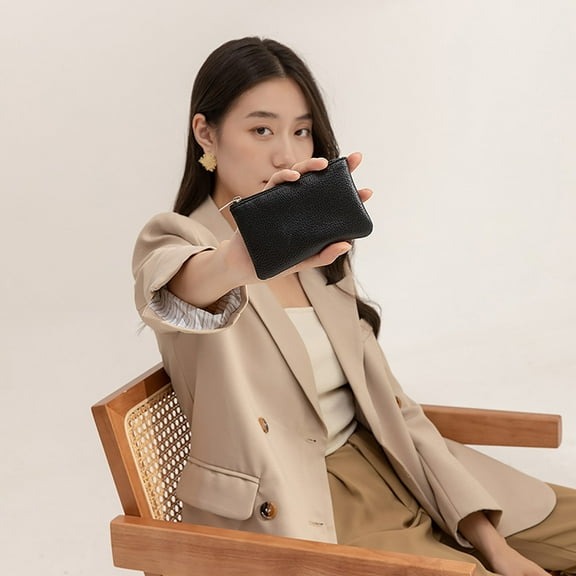 COM1950s Small Change Purse Coin Purse, PU Leather Lychee Pattern Coin Pouch with Keychain, Portable Zipper Change Purse Credit Card Holder Wallet for Men Women