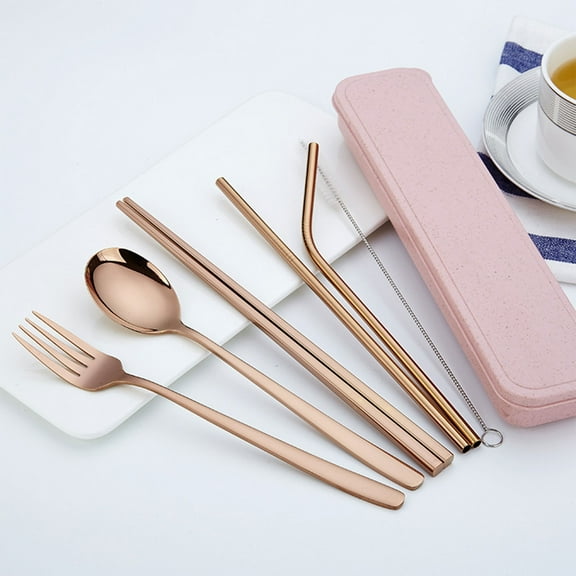 COM1950s Stainless Steel Portable Cutlery Set,7-Piece Utensils with Knife Fork Spoon Chopsticks Straw and Brush,Reusable Travel Dining Kit for Adults Outdoor Camping