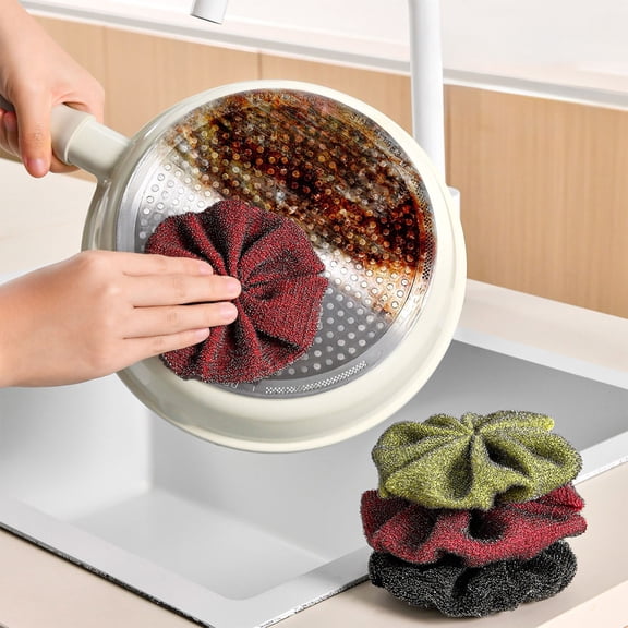 COM1950s Steel Wool Brush, Kitchen Dishwashing Brush for Pots and Pans, Metal Scrubber for Dishes, Flexible Cleaning Tool for Cookware and Kitchen Surfaces, Reusable Scouring Pad, 3-Piece Set