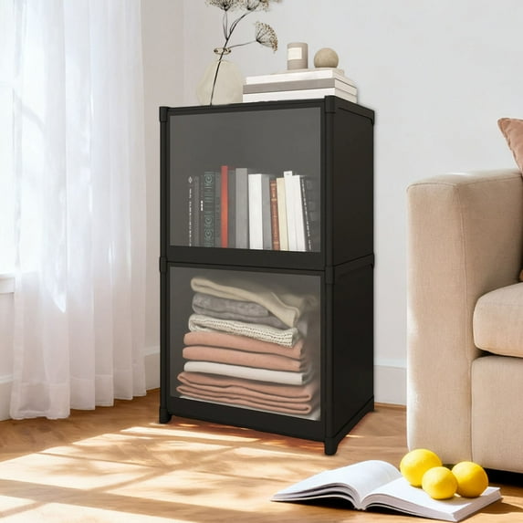 COM1950s Storage Cabinet with Doors,2 Tier Storage Organizer,Multi-Purpose Home Storage for Books,Files and Clothing,Space-Saving Design with Frosted Door Panel