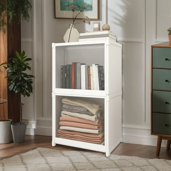 COM1950s Storage Cabinet with Doors,2 Tier Storage Organizer,Multi-Purpose Home Storage for Books,Files and Clothing,Space-Saving Design with Frosted Door Panel