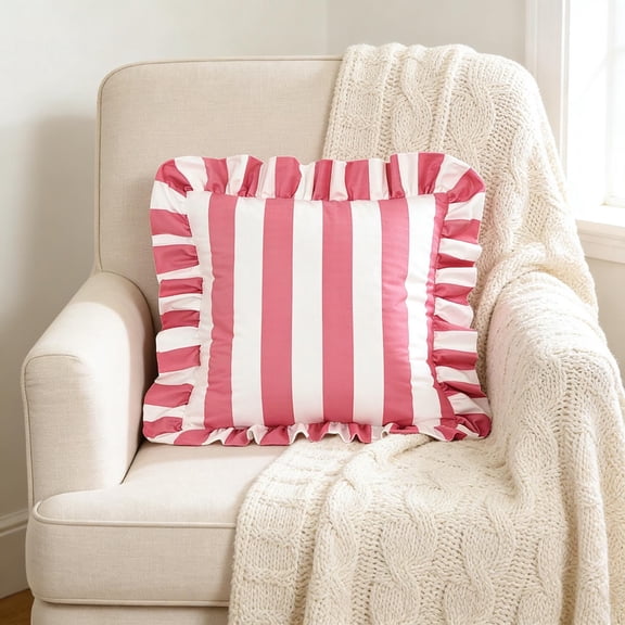 COM1950s Striped Velvet Throw Pillow with Ruffle, Soft Shearling Decorative Pillow with Insert for Sofa, Bedroom, Living Room