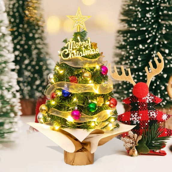 COM1950s Tabletop Christmas Tree with Lights,17.7 Inch Mini Artificial Xmas Tree Decor,Battery Operated Desktop Holiday Decorations with Ornaments and Star