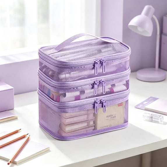 COM1950s Three Layer Travel Toiletry Bag, Large Capacity Mesh Makeup Organizer, Hanging Cosmetic Storage Pouch with Transparent Pockets, Portable Toiletry Bag for Bathroom, Gym, Travel, Camping