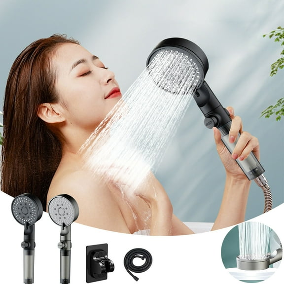 COM1950s Turbo 5-Speed High Pressure Shower Head,Adjustable Spray with Built-In Filtration,Complete Set Including Base and Hose for Easy Tool-Free Bathroom Installation