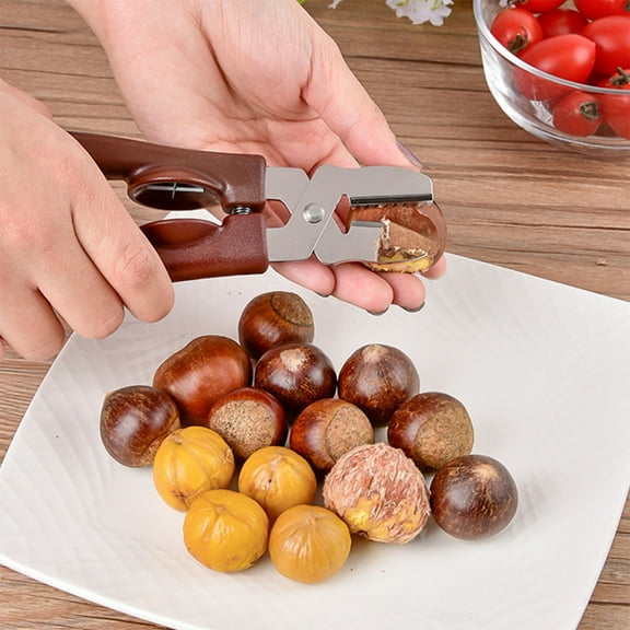 COM1950s Two in One Chestnut Opener,Stainless Steel Chestnut Cracker with Spring Lever & Ergonomic Handle,Double Blades for Peeling Outer Shell and Inner Skin,Efficient Nut Opening Tool for Kitchen
