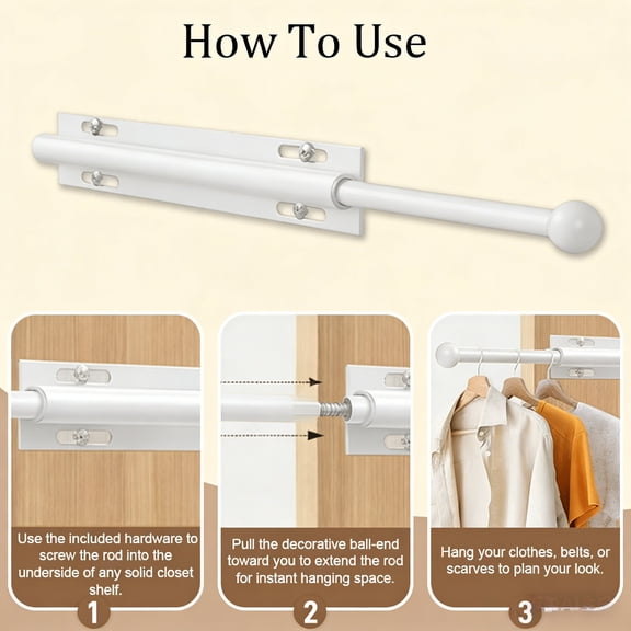 COM1950s Wall Mounted Closet Organizer, Pull Out Wardrobe Rod for Space Saving, Extendable Temporary Hanger Pole for Bedroom and Laundry Room