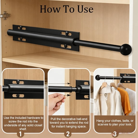 COM1950s Wall Mounted Closet Organizer, Pull Out Wardrobe Rod for Space Saving, Extendable Temporary Hanger Pole for Bedroom and Laundry Room