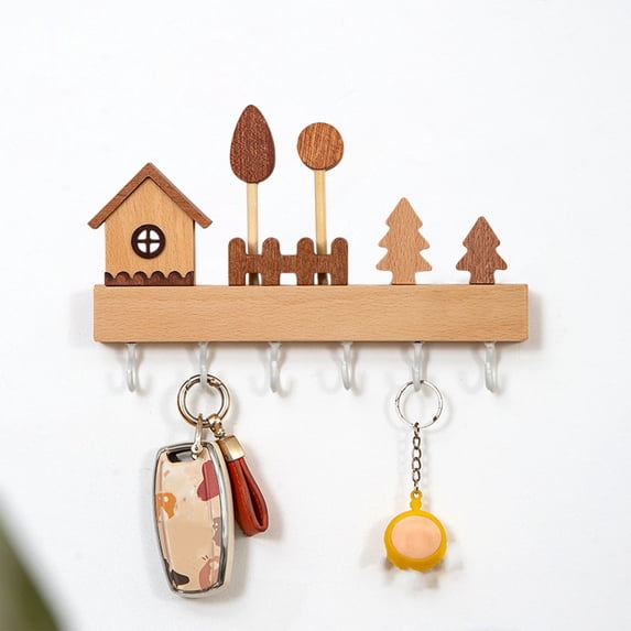 COM1950s Wall Mounted Key Holder,Adhesive No Drill Key Rack with Cute Cartoon Design for Entryway,Durable Wooden Wall Hook for Keys and Home Decor