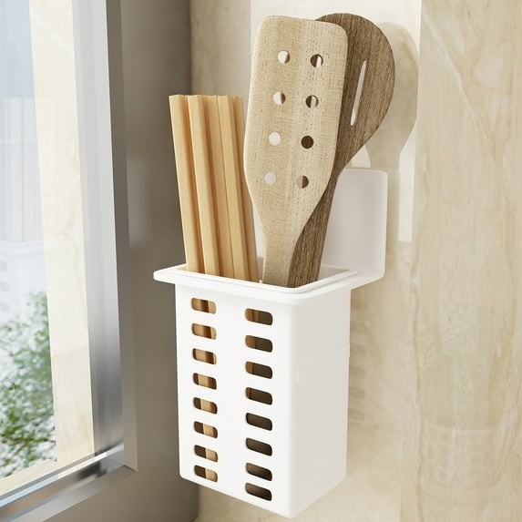 COM1950s Wall-Mounted Kitchen Utensil Organizer with Drainage,Chopstick and Knife Storage Rack,Space Saver Countertop Or Wall Mount Cutlery Holder for Adults