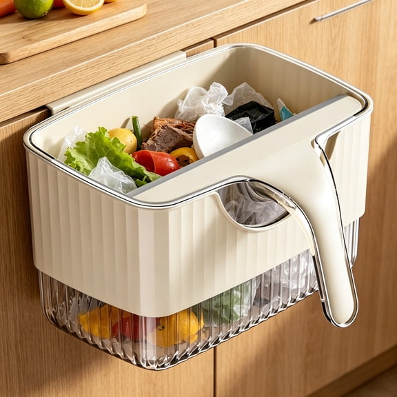 COM1950s Wall Mounted Trash Can, Under Sink Compost Bin with Scraper, No Drilling Kitchen Scrap Collector, Space Saving Garbage Bin for Home