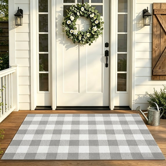 COM1950s Washable Layered Doormat Rug, Hand-Woven Cotton Blend Entryway Mat, Plaid Decorative Front Porch Welcome Mat, Non-Slip Rubber Backing for Indoor Outdoor Home Decor