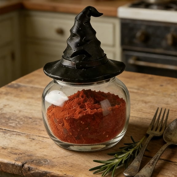 COM1950s Witch Spice Jar, Gothic Iron Base Glass Spice Storage Jar, Kitchen Decor Halloween Container, Countertop Apothecary Display