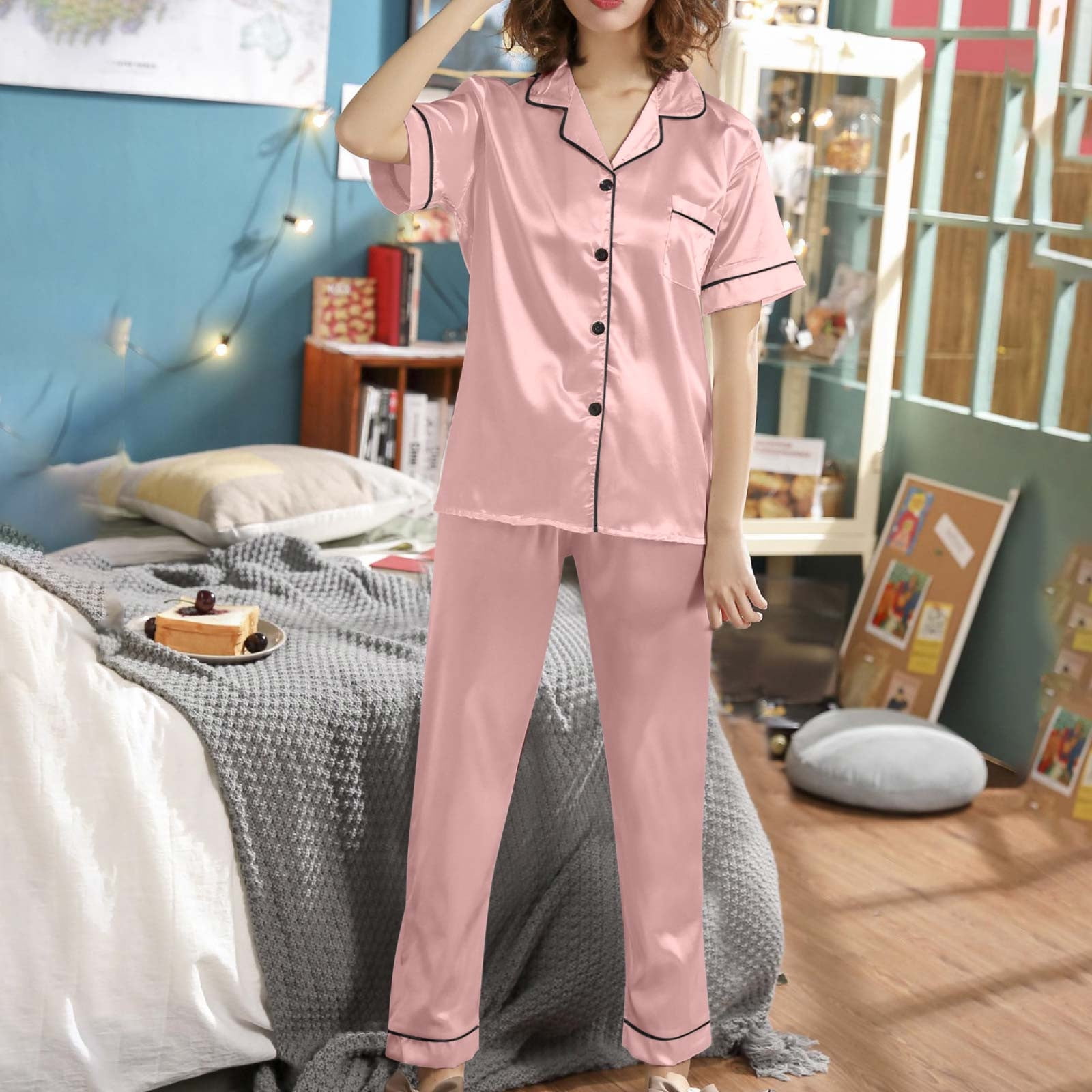 COM1950s Womens Soild Short Sleeve Two-Piece Sleepwear Loungewear ...