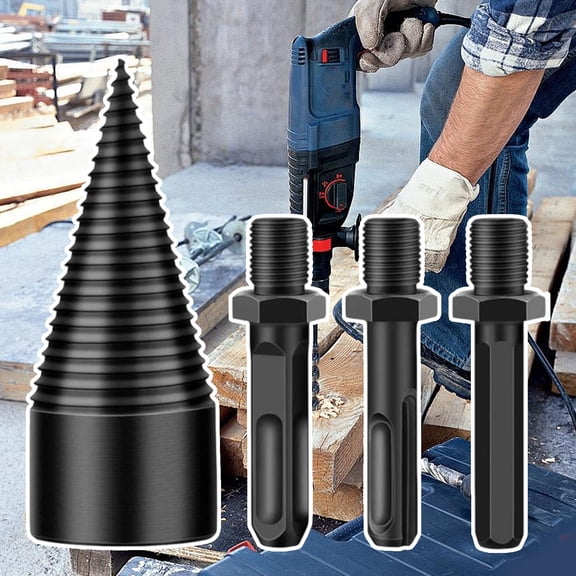 COM1950s Wood Splitting Drill Bit,Log Splitter Tool with 3 Shank Handles,32Mm Diameter High Carbon Steel Coring Bit for Efficient Firewood Splitting at Home,Camping Or Farm Use