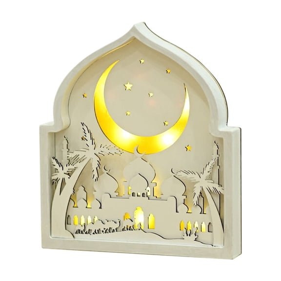 COM1950s Wooden Eid Mubarak Decoration, Led Lighted Castle Ornament for Ramadan Home Decor, Hanging Wood Art for Wall, Islamic Holiday Gift, White Finish