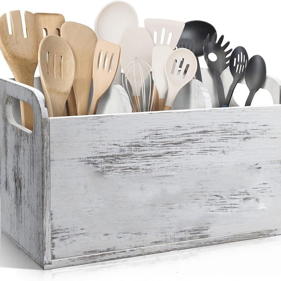 COM1950s Wooden Utensil Organizer for Kitchen Countertop,3 Compartment Cooking Tool Holder,Countertop Storage Rack for Spatulas & Spoons,White Wooden Kitchen Counter Organizer with Removable Divider