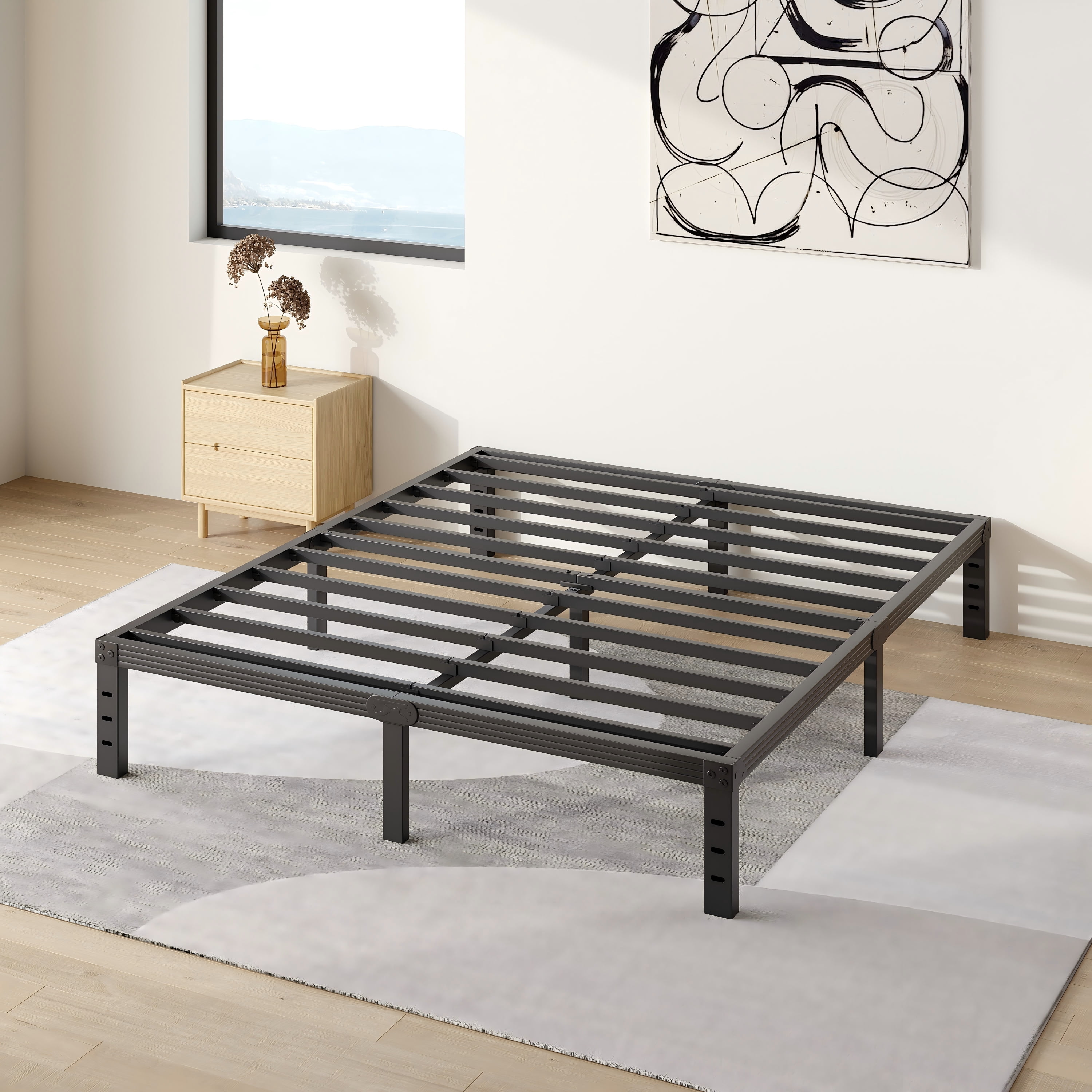 Black Heavy Duty Metal Queen Platform Bed Frame, 12-Inch High
