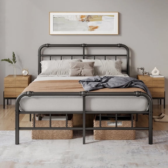 COMASACH 14 Inch Metal Queen Bed Frame with Headboard, Heavy Duty Industrial, 3500 lbs Capacity, Noiseless Non-Sway, Black, Easy Assembly, No Box Spring Needed