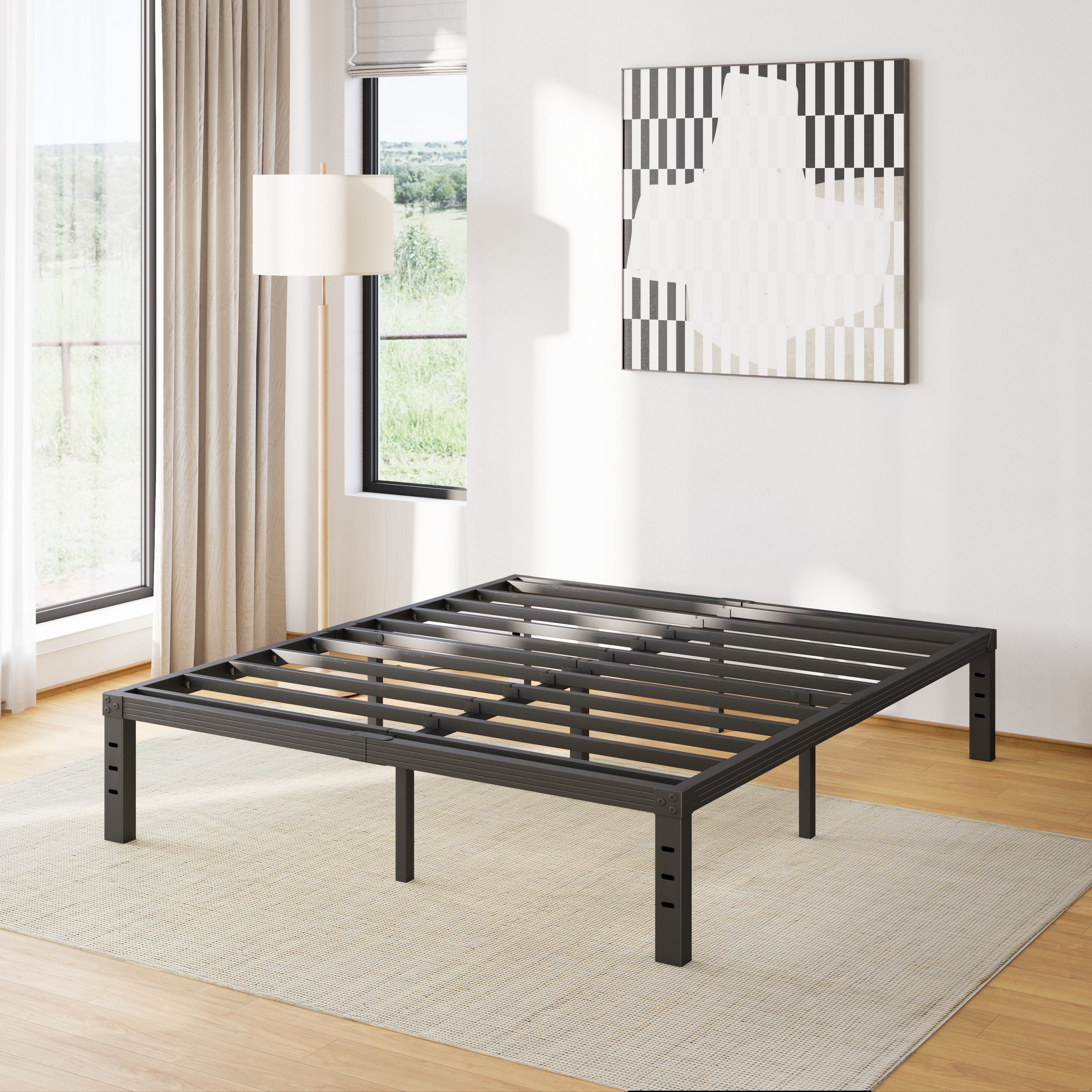 Black Powder-Coated Metal Full Bed Frame with Slats