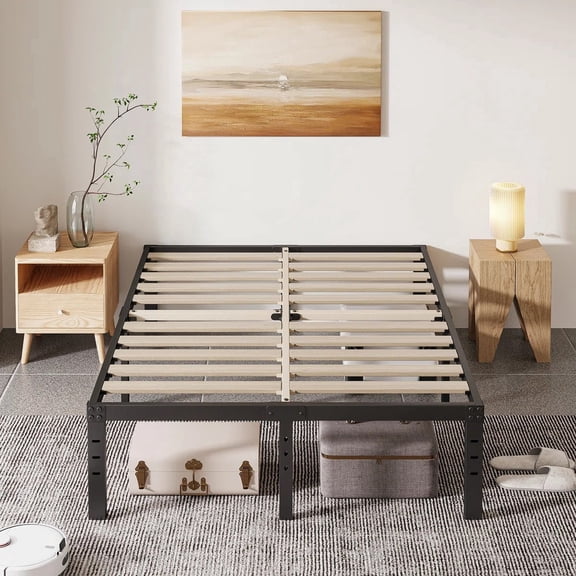 COMASACH 16 Inch King Metal Platform Bed Frame with Wood Slat Support, Heavy Duty Mattress Foundation, Noise Free