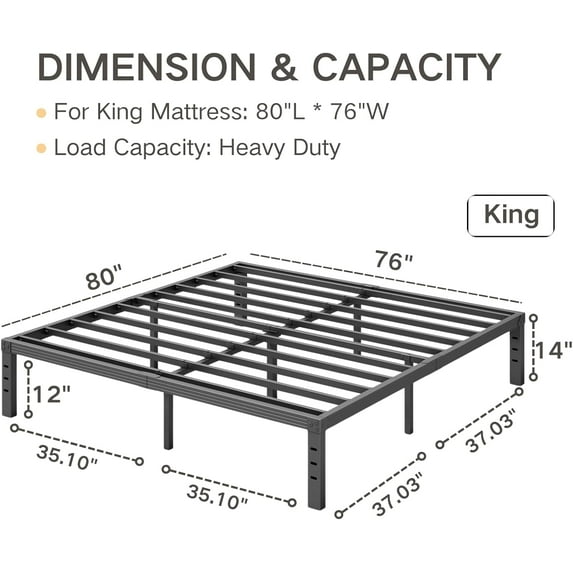 COMASACH King Bed Frame Heavy Duty,14" High Black Metal Platform Bed Frame,Sturdy Steel Frame,No Box Spring Needed,Noise-Free,Easy Assembly