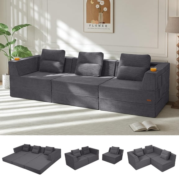 COMAX Futon Sofa Bed 3 Seater, 106" Convertible Sofa Bed Couches for Living Room, 4 in 1 Folding Boneless Sleeper Corduroy Couch Foam In a Box, Comfy Foldable Lounge Fold Out Floor Mattress, Grey