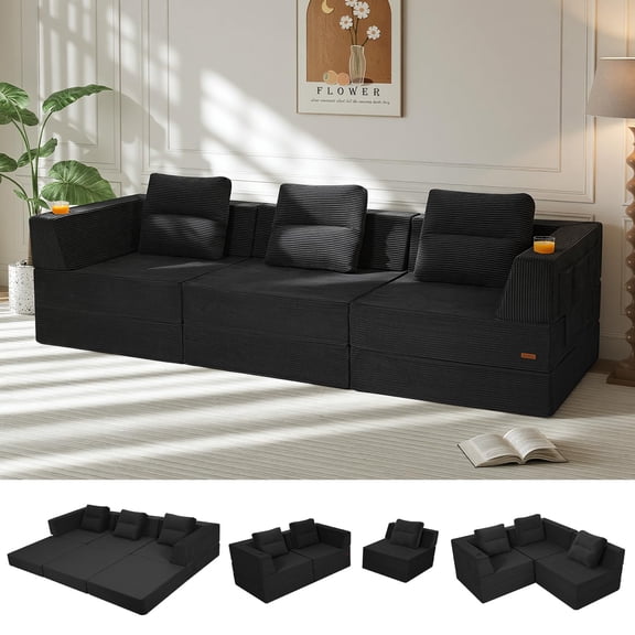 COMAX Futon Sofa Bed 3 Seater, 106" Convertible Sofa Bed Couches for Living Room, 4 in 1 Folding Boneless Sleeper Corduroy Couch Foam In a Box, Comfy Foldable Lounge Fold Out Floor Mattress, Black