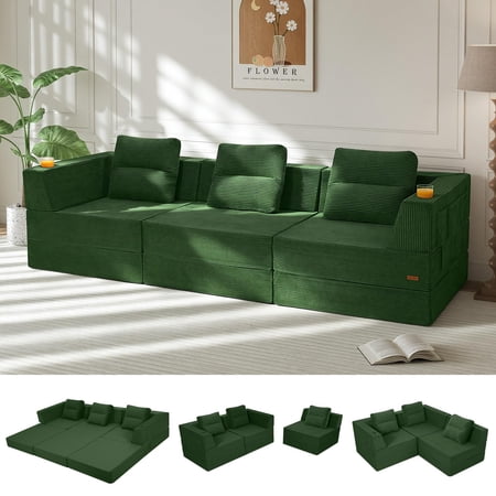 COMAX Futon Sofa Bed 3 Seater, 106" Convertible Sofa Bed Couches for Living Room, 4 in 1 Folding Boneless Sleeper Corduroy Couch Foam In a Box, Comfy Foldable Lounge Fold Out Floor Mattress, Green