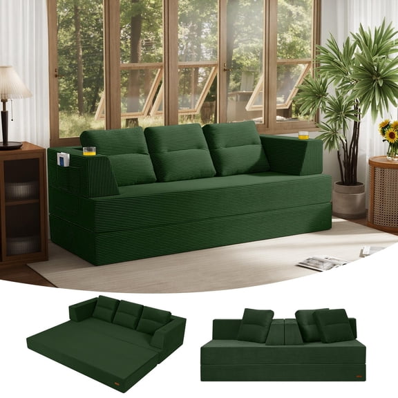 COMAX Futon Sofa Bed Queen, 79" Convertible Sofa Bed Couches for Living Room, 4 in 1 Folding Boneless Sleeper Corduroy Couch Loveseat Foam, Comfy Foldable Lounge Fold Out Floor Mattress Green