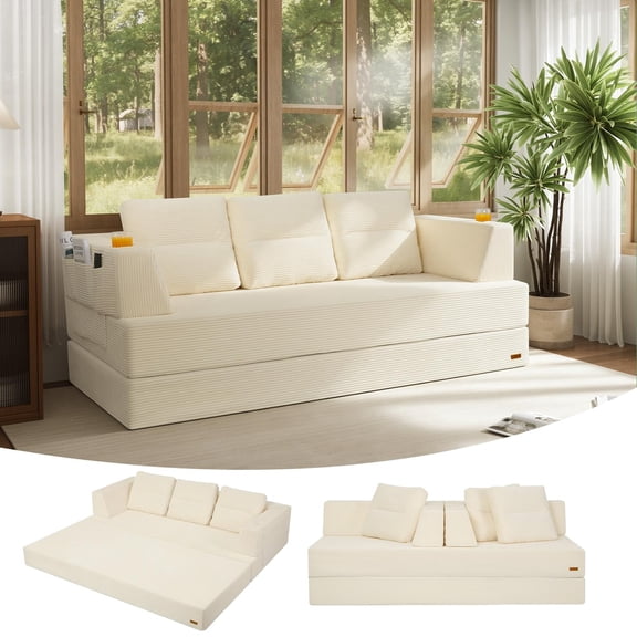COMAX Futon Sofa Bed Queen, 79" Convertible Sofa Bed Couches for Living Room, 4 in 1 Folding Boneless Sleeper Corduroy Couch Loveseat Foam, Comfy Foldable Lounge Fold Out Floor Mattress Beige