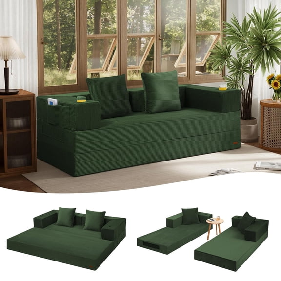 COMAX Futon Sofa Bed Queen, 79" Convertible Sofa Bed Couches for Living Room, 4 in 1 Folding Boneless Sleeper Corduroy Couch Loveseat Foam, Foldable Comfy Lounge Fold Out Floor Mattress Green