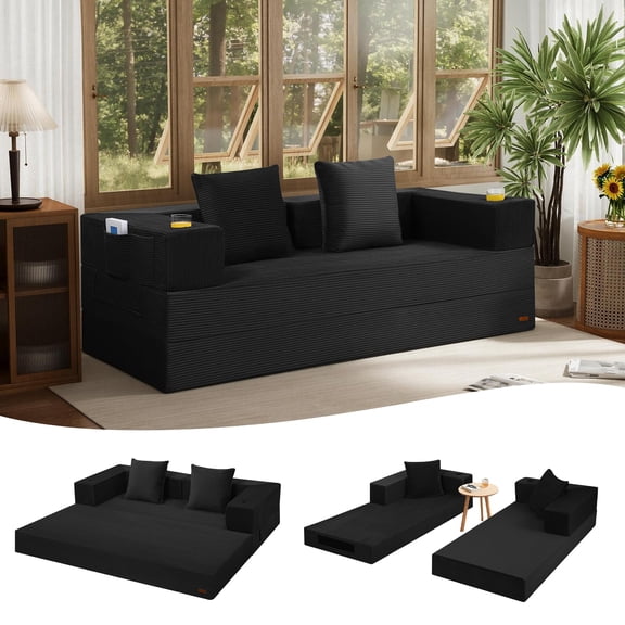 COMAX Futon Sofa Bed Queen, 79" Convertible Sofa Bed Couches for Living Room, 4 in 1 Folding Boneless Sleeper Corduroy Couch Loveseat Foam, Foldable Comfy Lounge Fold Out Floor Mattress Black