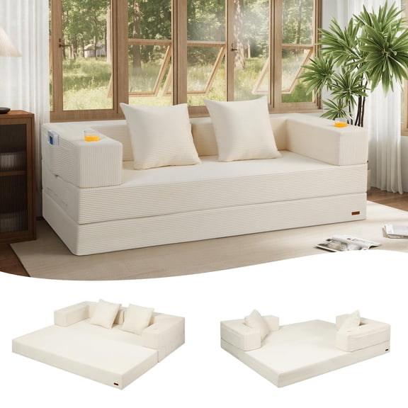 COMAX Futon Sofa Bed Queen, 79" Convertible Sofa Bed Couches for Living Room, 4 in 1 Folding Boneless Sleeper Corduroy Couch Loveseat Foam, Foldable Comfy Lounge Fold Out Floor Mattress Beige