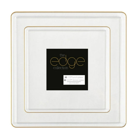 COMBO SET The Edge Collection 10.75" & 7.75" Square Clear With Gold Rim Plastic Dinnerware:20CT