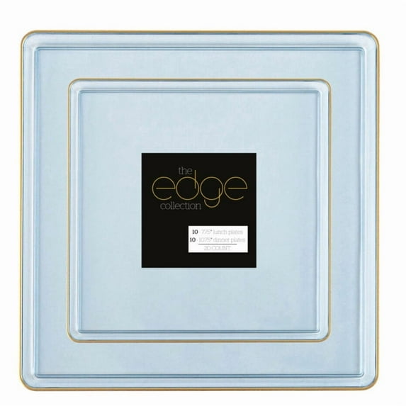 COMBO SET The Edge Collection 10.75" & 7.75" Square Transparent Blue With Gold Rim Plastic Dinnerware:20CT