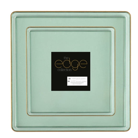 COMBO SET The Edge Collection 10.75" & 7.75" Square Transparent Green With Gold Rim Plastic Dinnerware:20CT