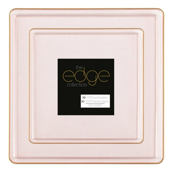 COMBO SET The Edge Collection 10.75" & 7.75" Square Transparent Pink With Gold Rim Plastic Dinnerware:120CT