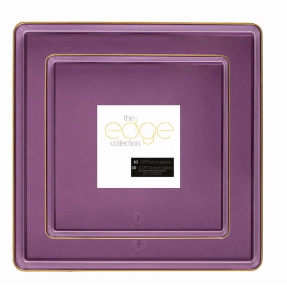 COMBO SET The Edge Collection 10.75" & 7.75" Square Transparent Purple With Gold Rim Plastic Dinnerware:20CT