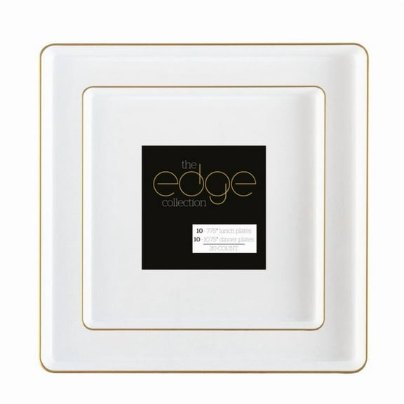 COMBO SET The Edge Collection 10.75" & 7.75" Square White With Gold Rim Plastic Dinnerware:20CT