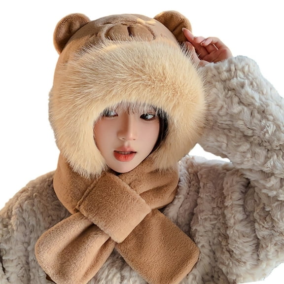 COMEET Hat Wear, Furry Cartoon Capybaras Hat with Scarf Gloves Set Thicken Furry Hat Oversized Headgear Hat for Winter Commute